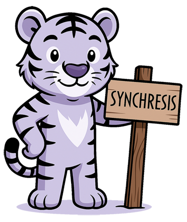 A welcoming mascot of a tiger, a staple of Synchresis Solutions (holding sign)