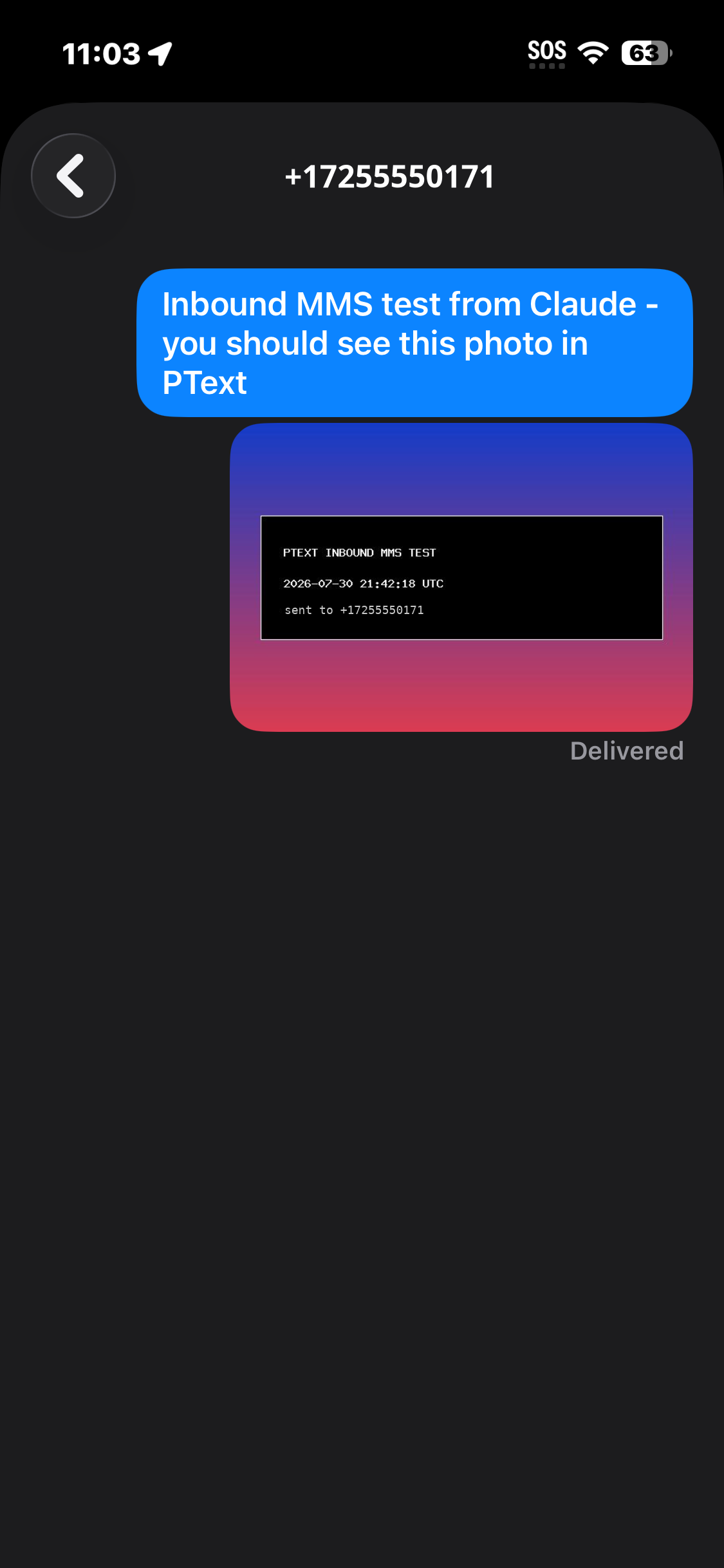Picture messages — Inbound and outbound MMS, with delivery receipts.