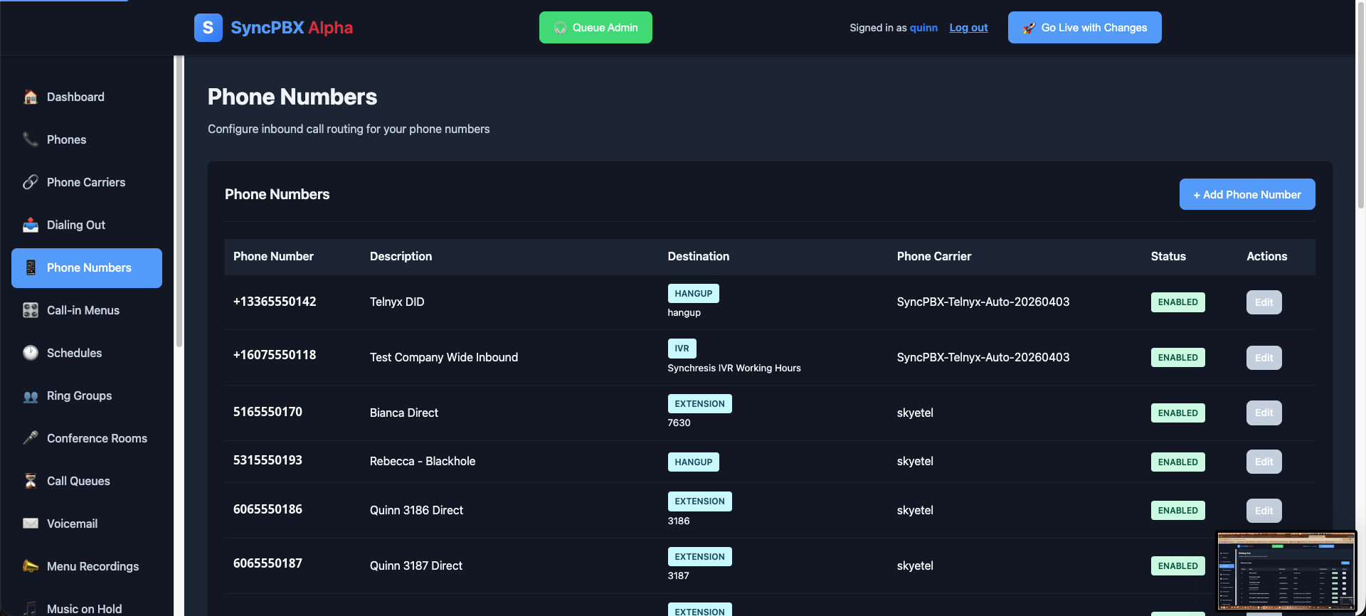 Phone numbers — Inbound routing for each number: straight to an extension, an IVR, or a hangup.