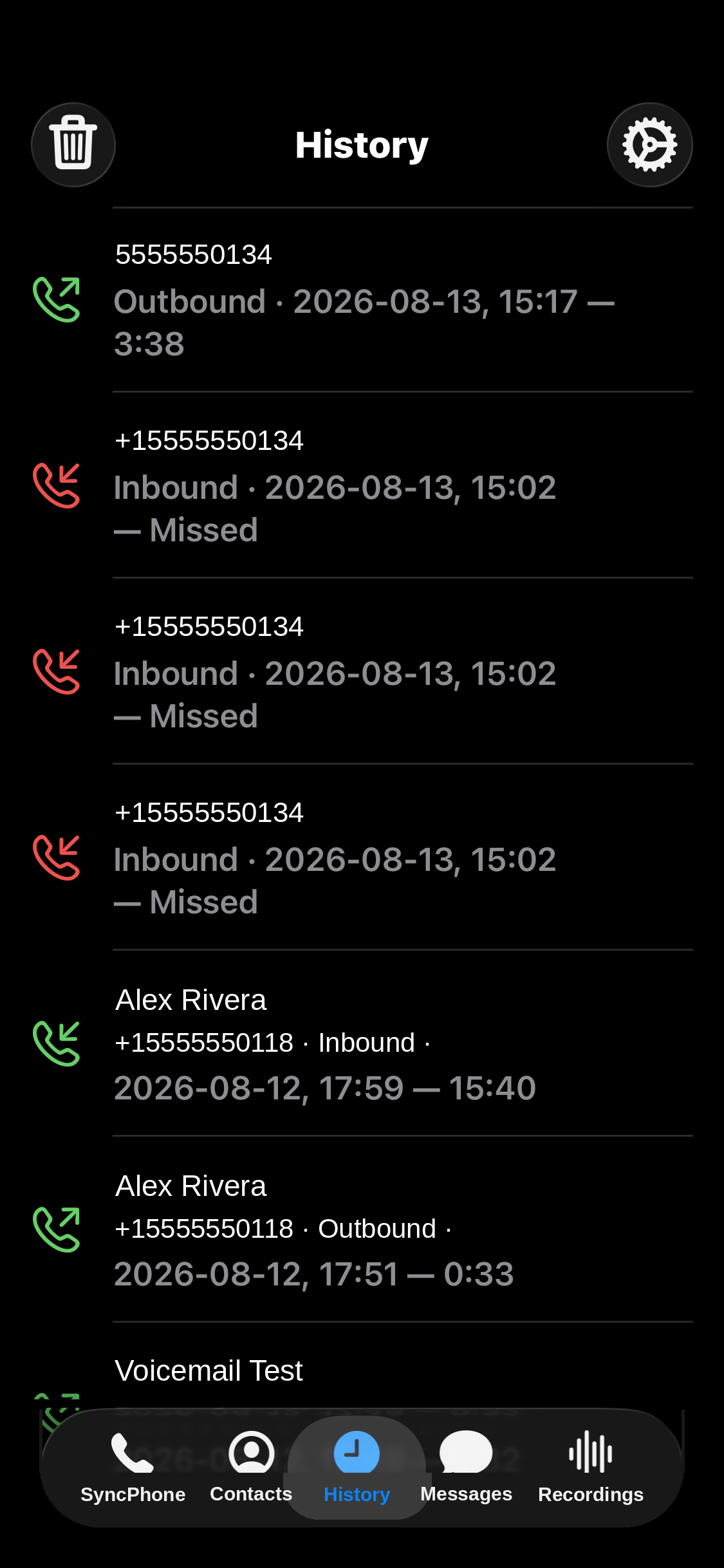 Call history — Inbound, outbound and missed, all logged.